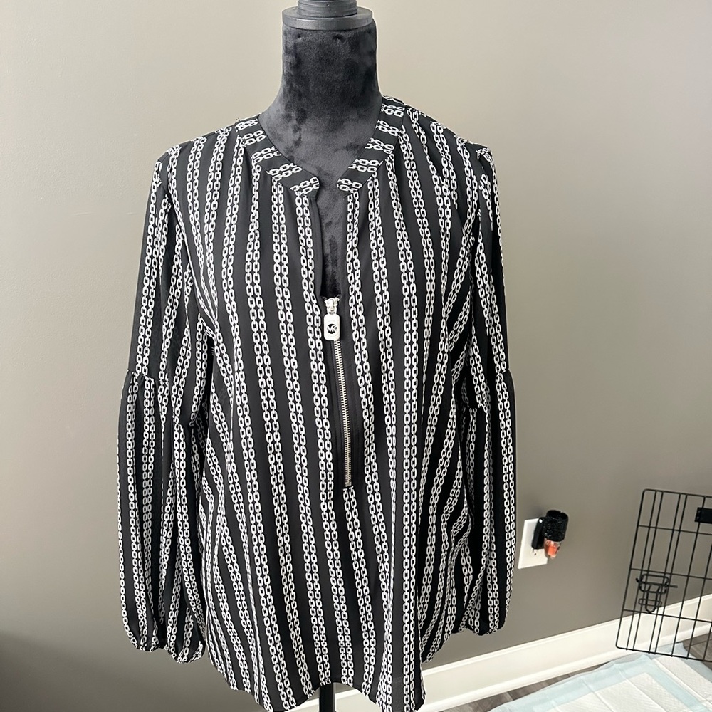 Michael Kors Black and White Chain Pattern Blouse with silver zipper.

#2